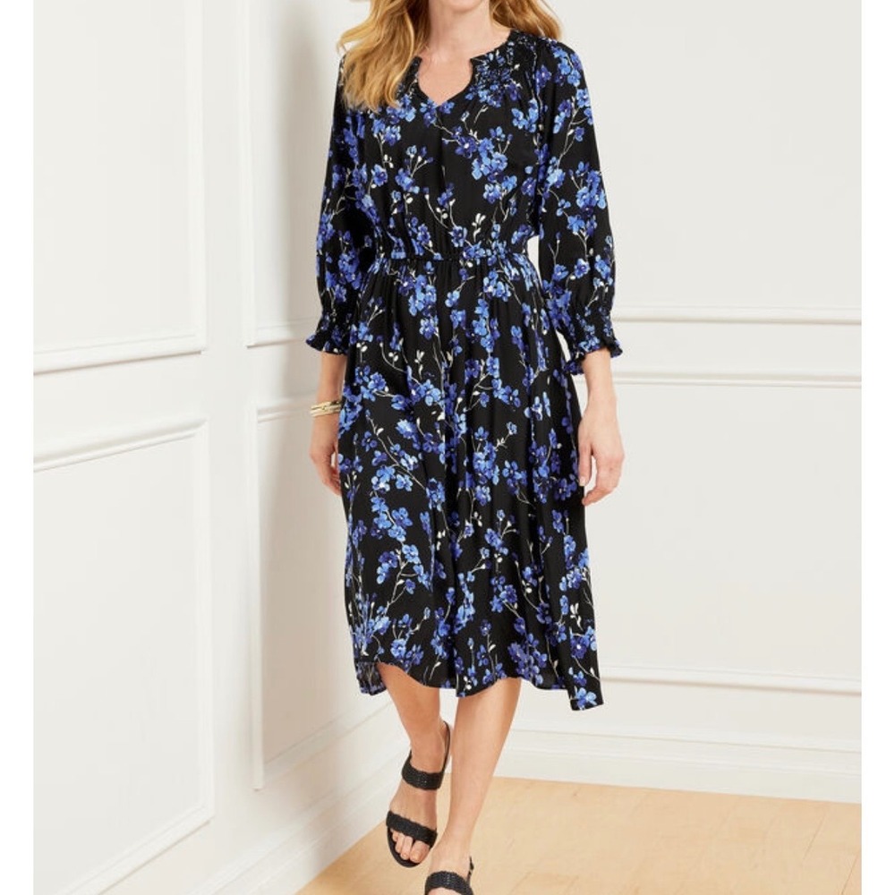 Talbots Smocked Floral Midi Dress Fragrant Lilac Split Neck 3/4 Sleeve‎ Garden